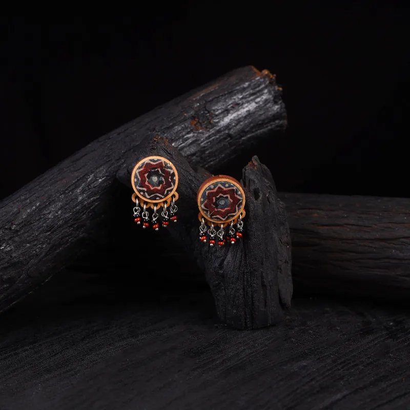 WHE Multicolor Repurposed Ajrakh Fabric & Wood Round Studs Earrings 33 made by Itokri