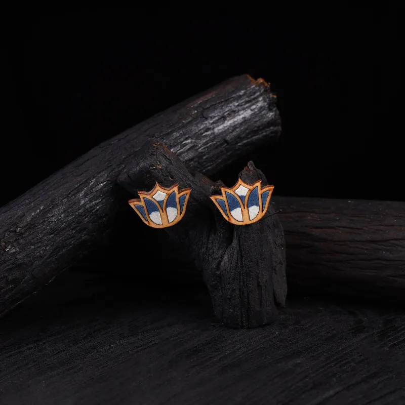 WHE Indigo Bloom Lotus Repurposed Fabric & Wood Earrings 32 made by Itokri