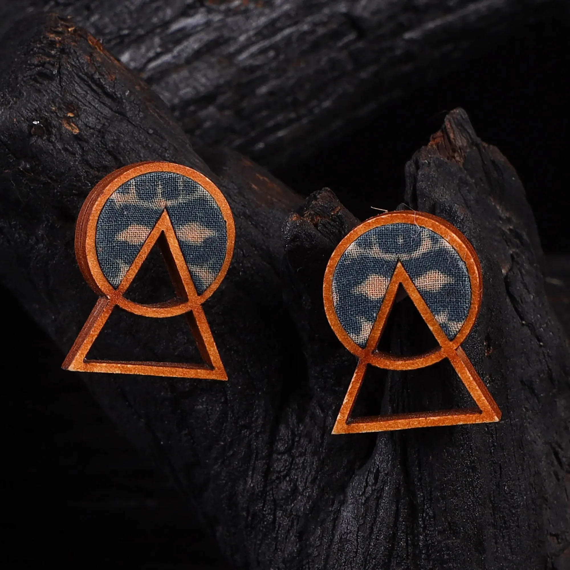 WHE Blue Two Look in One Repurposed Fabric & Wood Geometric Stud Earrings 25 sold by Itokri product image thumbnail 2