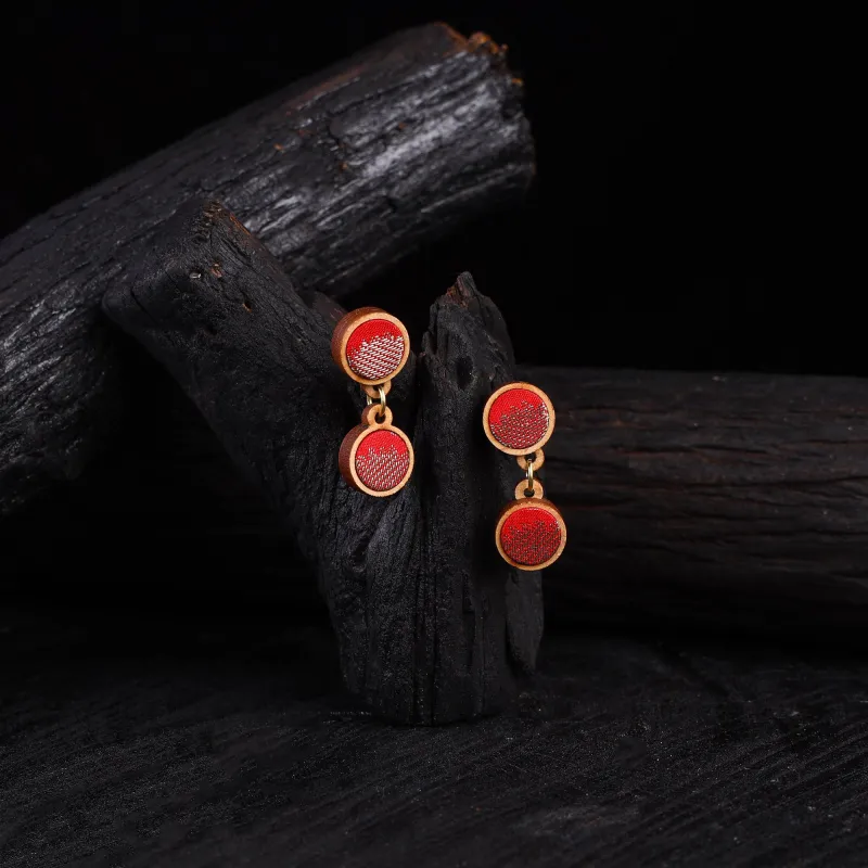 WHE Red Festive Repurposed Banarasi Brocade Fabric & Wood Earrings 18 made by Itokri