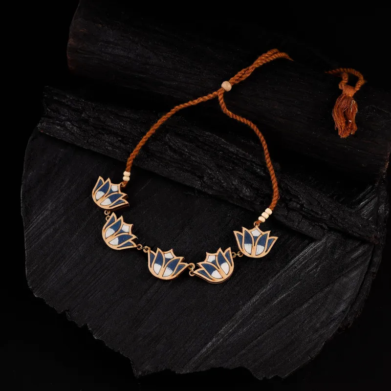 WHE Indigo Bloom Lotus Repurposed Fabric & Wood Necklace 13 made by Itokri