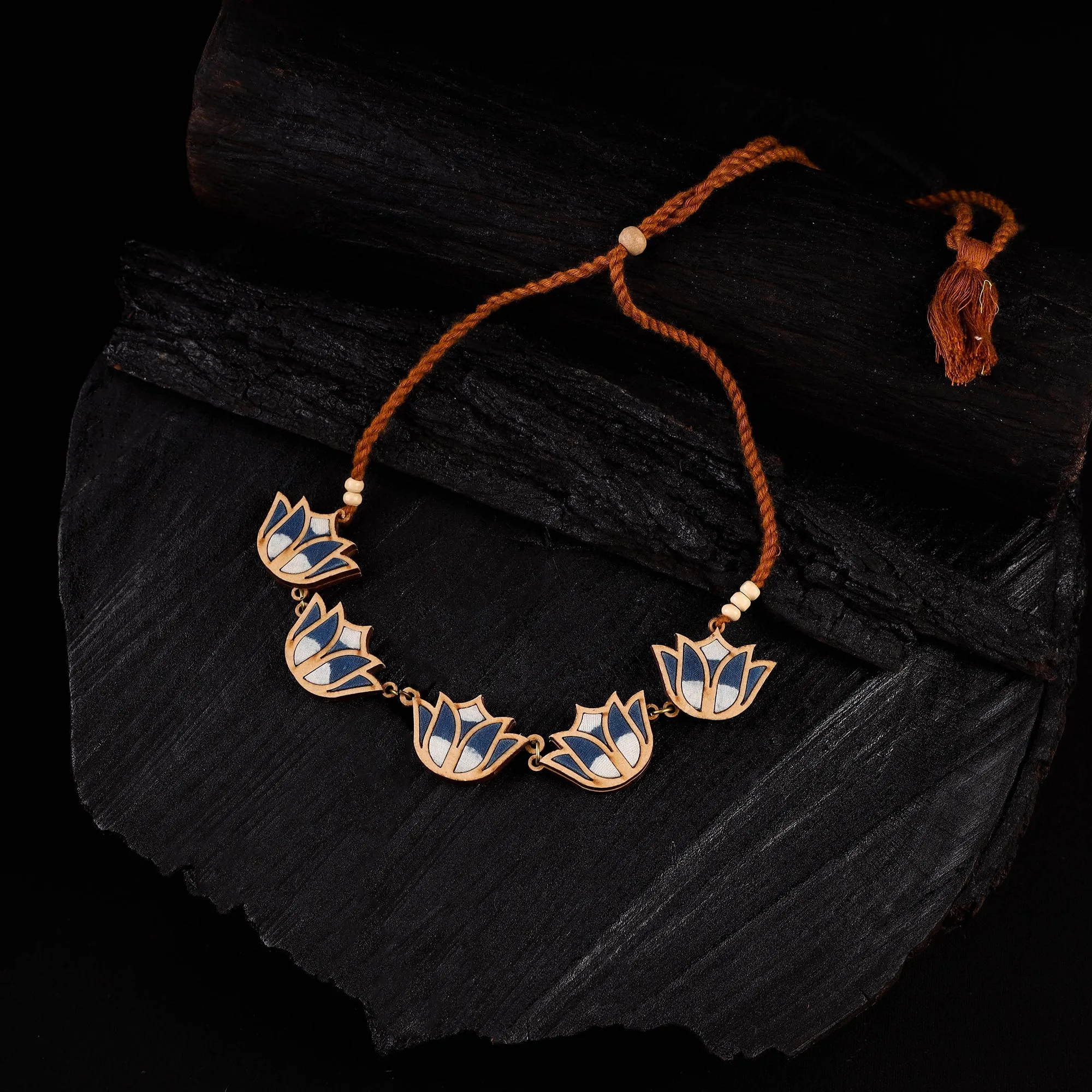 WHE Indigo Bloom Lotus Repurposed Fabric & Wood Necklace 13 sold by Itokri