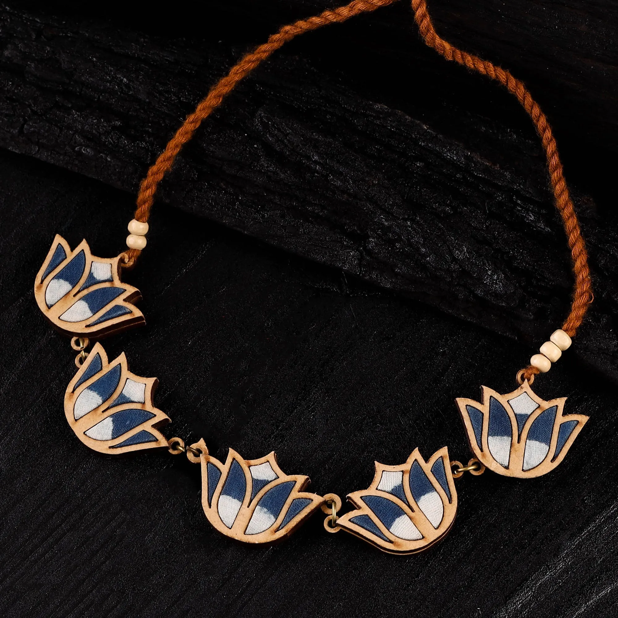 WHE Indigo Bloom Lotus Repurposed Fabric & Wood Necklace 13 sold by Itokri product image thumbnail 2