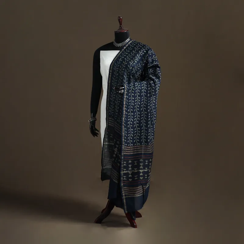 Blue - Akola Dabu Hand Block Print Chanderi Silk Handloom Dupatta 15 made by Itokri