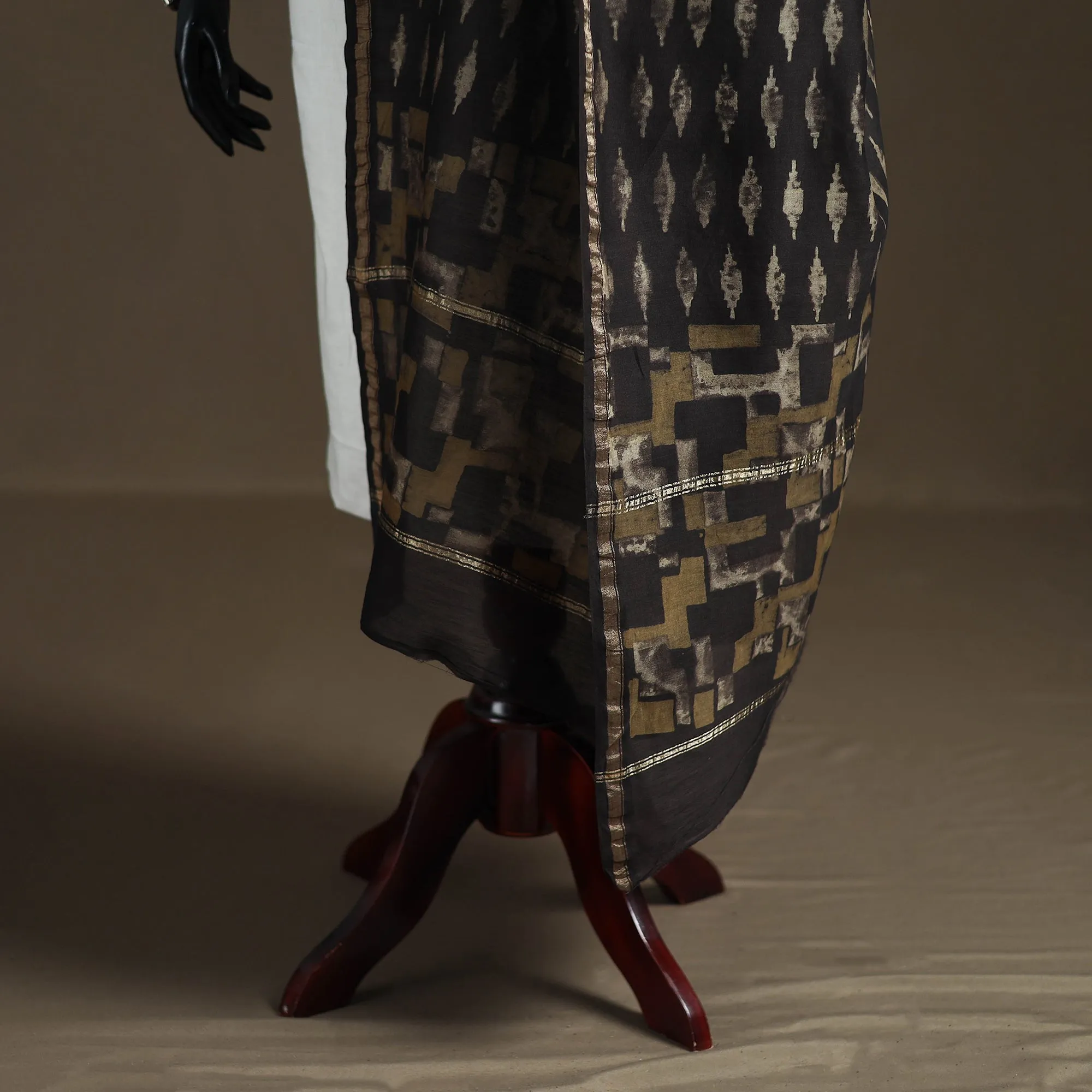 Black - Akola Dabu Hand Block Print Chanderi Silk Handloom Dupatta 09 sold by Itokri product image thumbnail 4