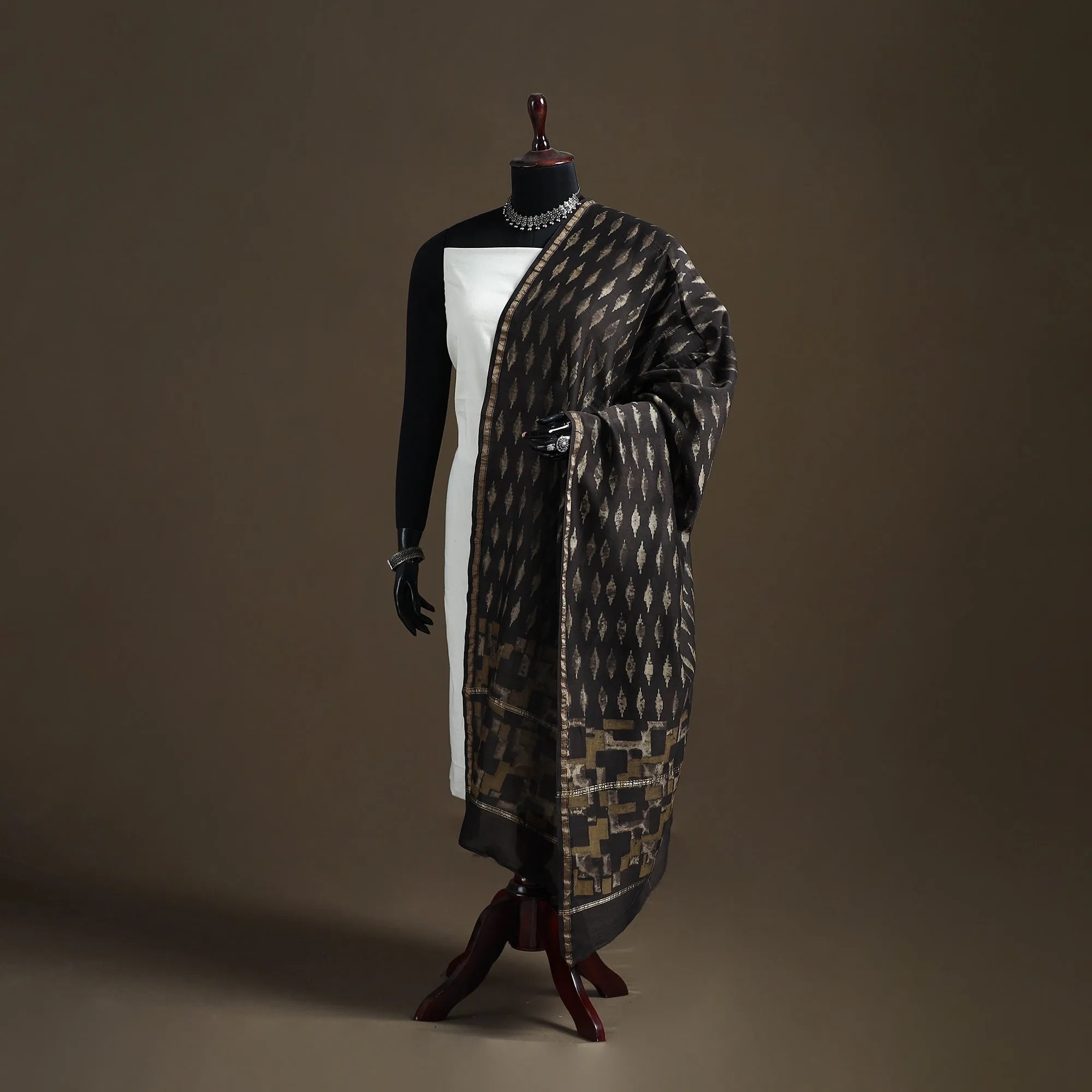 Black - Akola Dabu Hand Block Print Chanderi Silk Handloom Dupatta 09 sold by Itokri