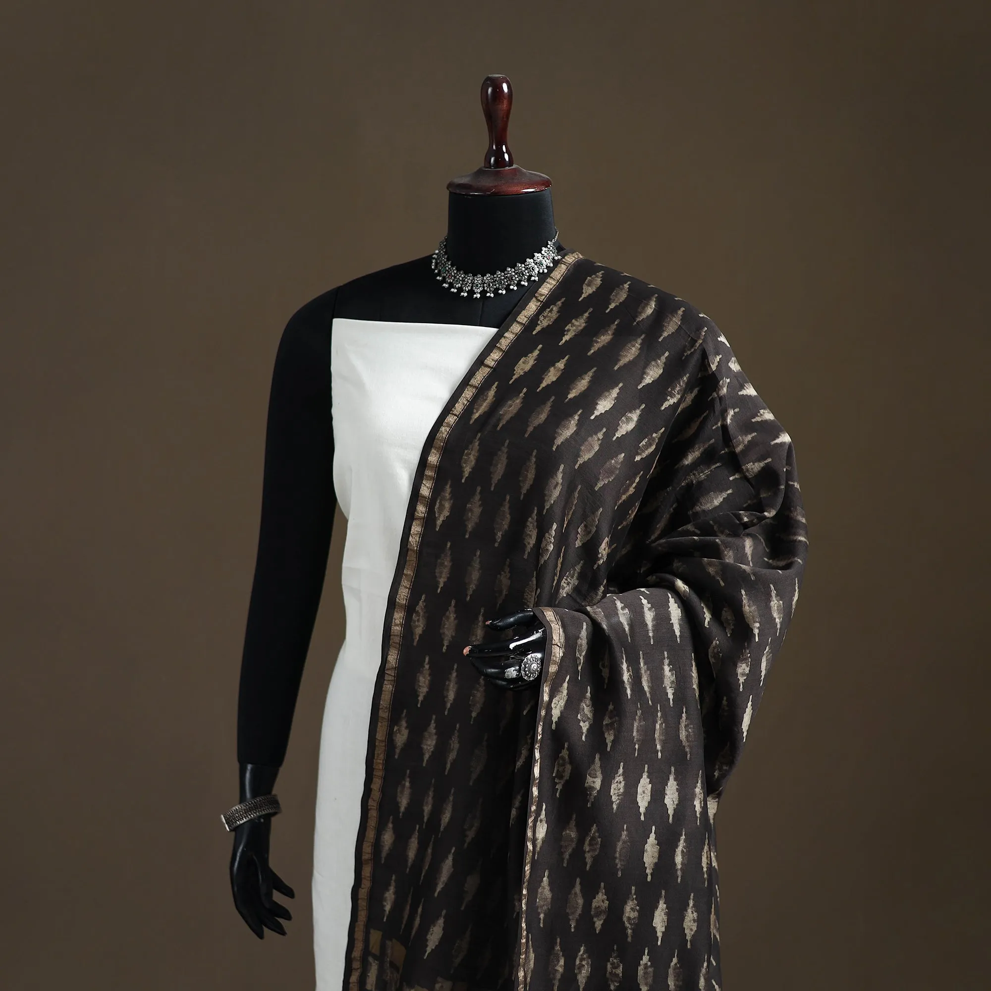 Black - Akola Dabu Hand Block Print Chanderi Silk Handloom Dupatta 09 sold by Itokri product image thumbnail 2