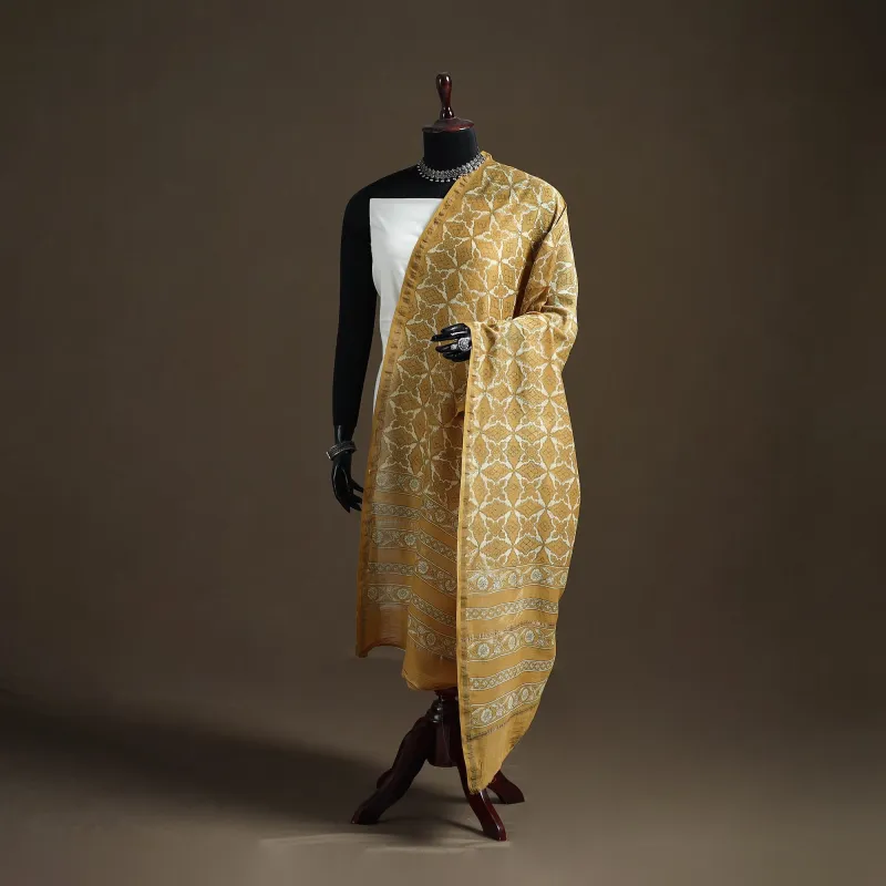 Yellow - Akola Dabu Hand Block Print Chanderi Silk Handloom Dupatta 03 made by Itokri