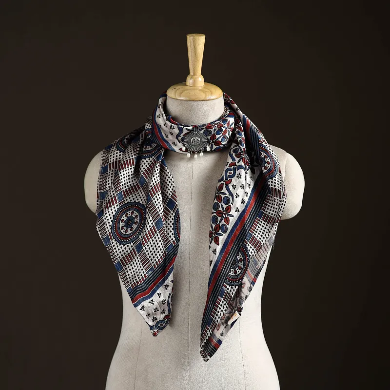 Multicolor - Ajrakh Hand Block Print Natural Dyed Modal Silk Brooch Scarf 17 made by Itokri