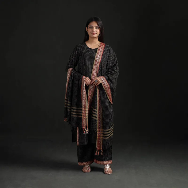 Black - Dharwad Cotton Suit Set with Dupatta for Women 09 made by Itokri