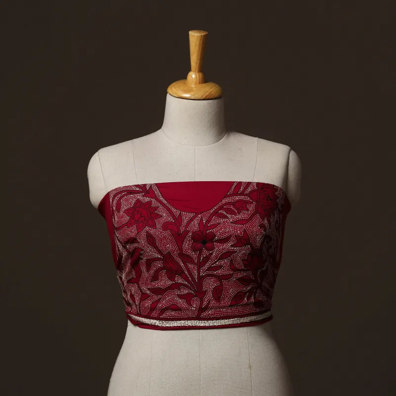 Maroon - Bengal Kantha Hand Embroidered Cotton Blouse Piece 68 made by Itokri