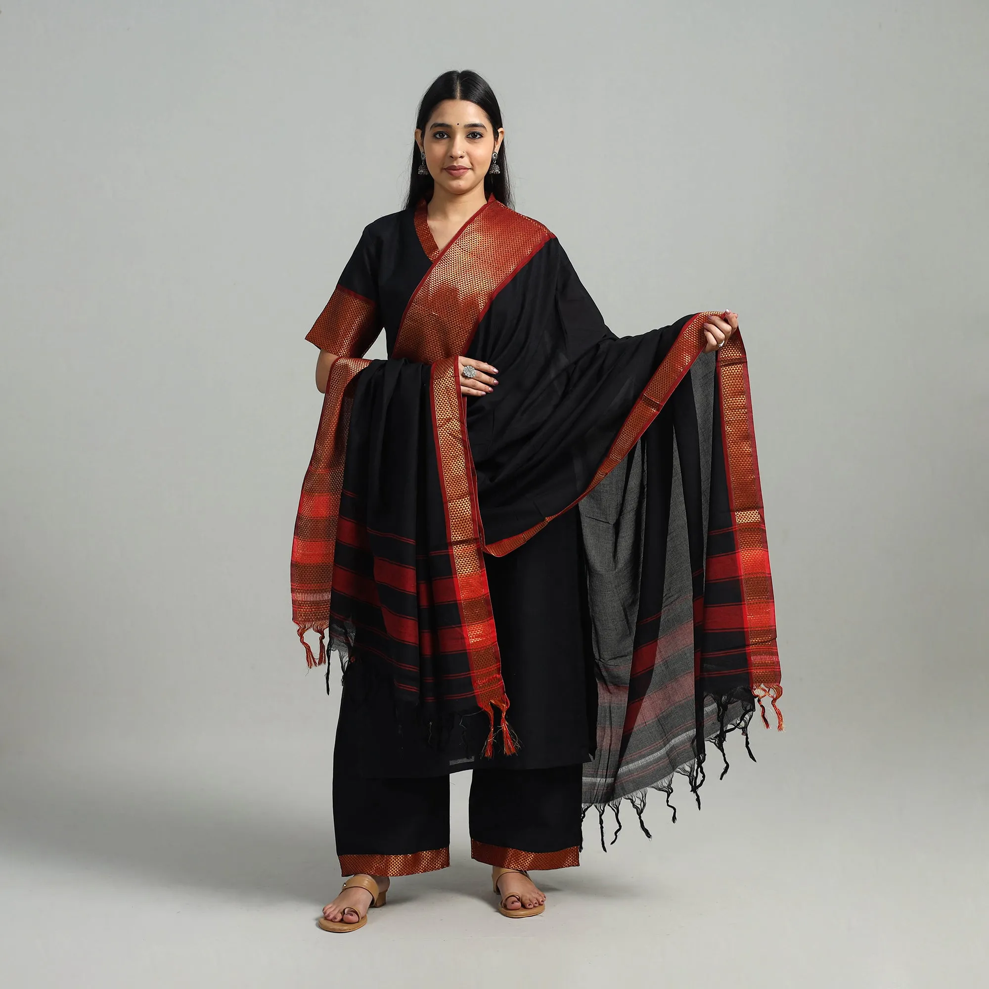 Black - Cotton Dharwad Kurta Set with Palazzo & Dupatta 17 sold by Itokri product image thumbnail 2