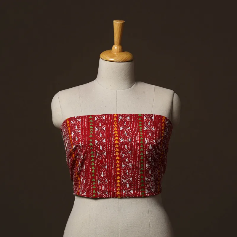 Red - Bengal Kantha Hand Embroidered Cotton Blouse Piece 32 made by Itokri