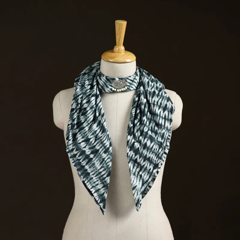 Black - Shibori Tie-Dye Cotton Brooch Scarf 11 made by Itokri