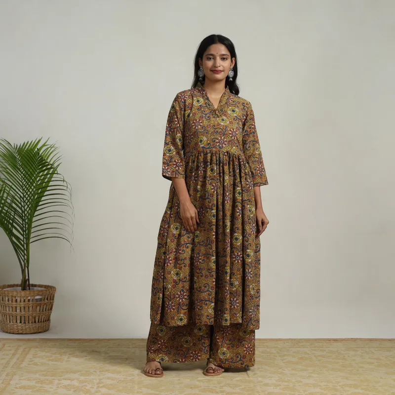 Brown - Flared Cotton Block Print Kalamkari Kurta Set 08 made by Itokri