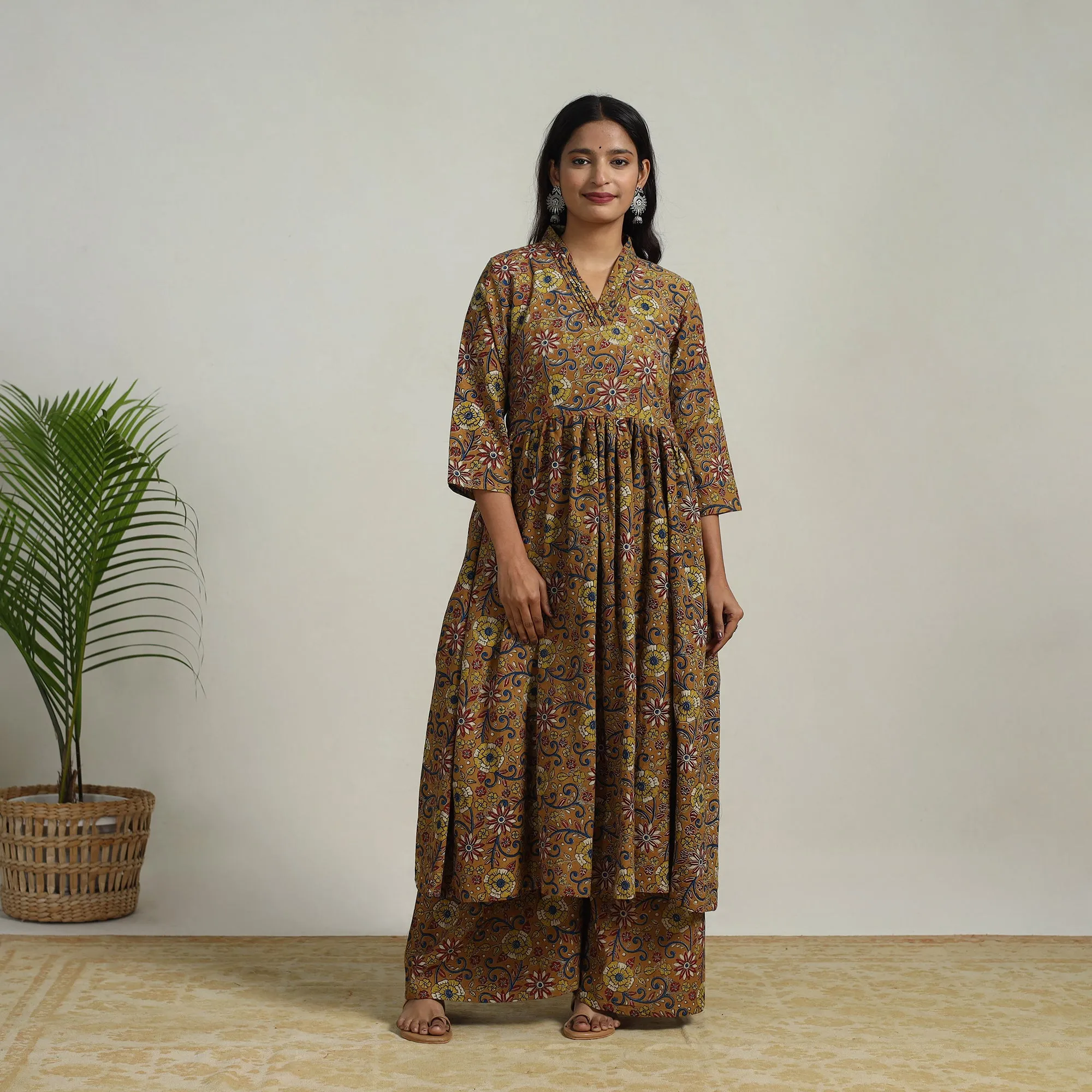 Brown - Flared Cotton Block Print Kalamkari Kurta Set 08 sold by Itokri