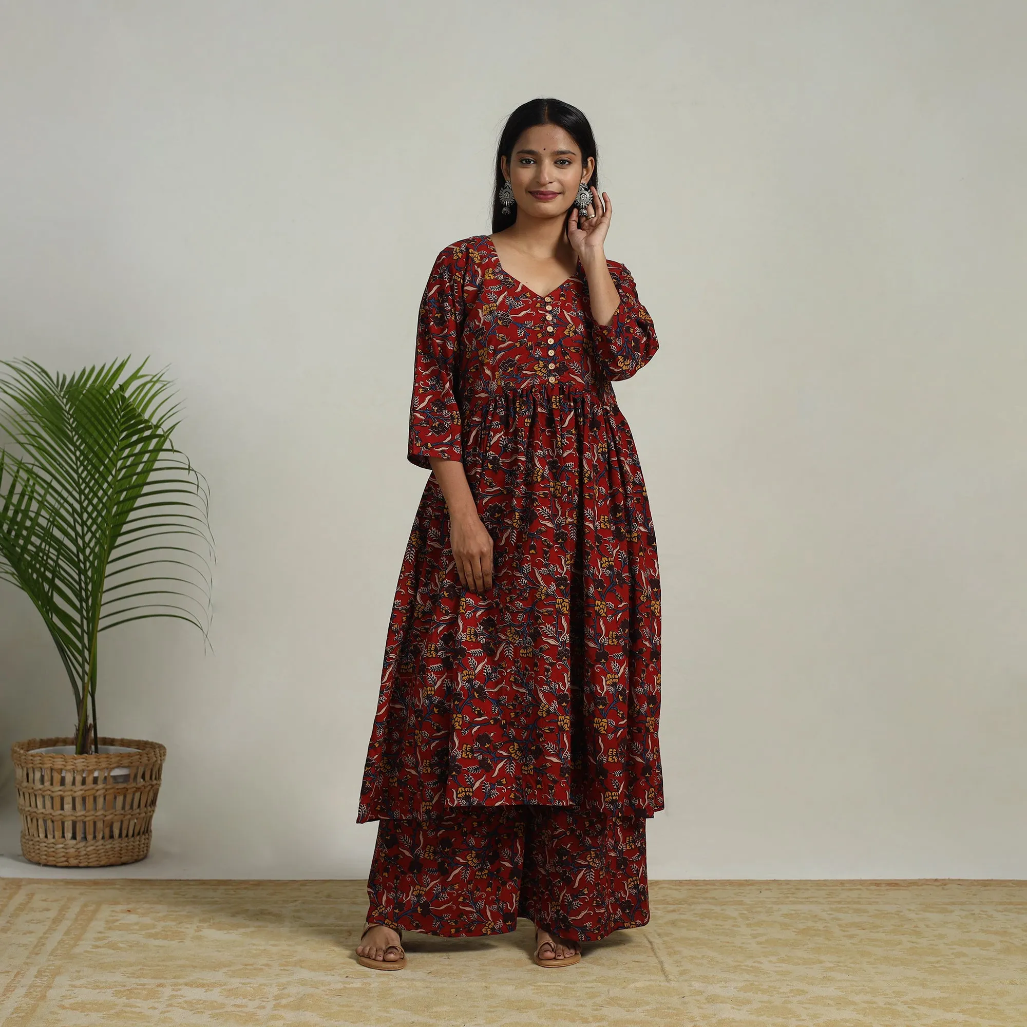 Red - Flared Cotton Block Print Kalamkari Kurta Set 05 sold by Itokri product image thumbnail 4