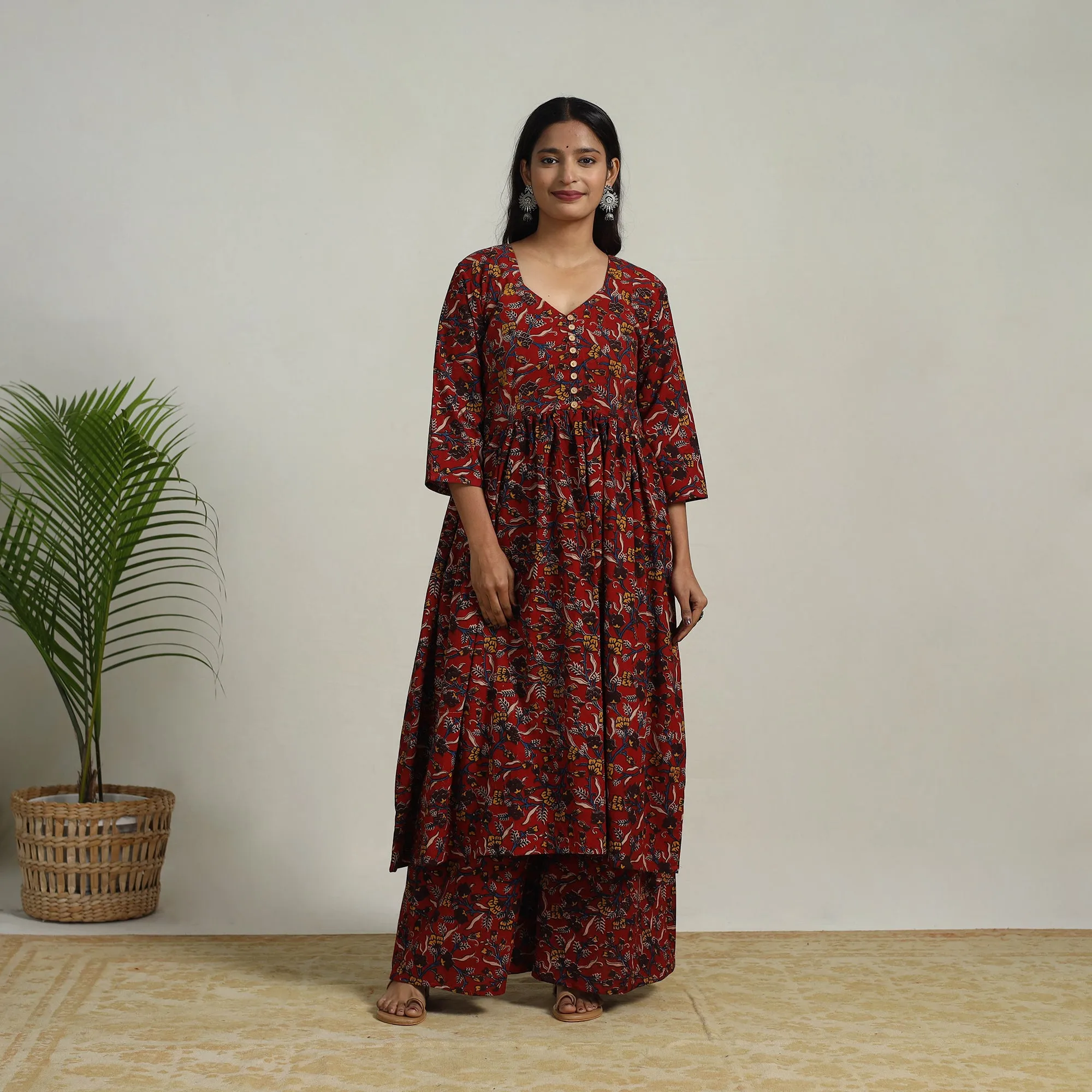 Red - Flared Cotton Block Print Kalamkari Kurta Set 05 sold by Itokri