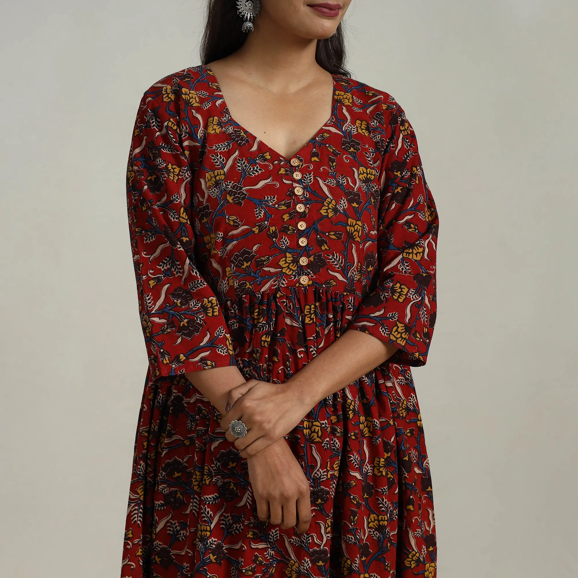 Red - Flared Cotton Block Print Kalamkari Kurta Set 05 sold by Itokri product image thumbnail 3
