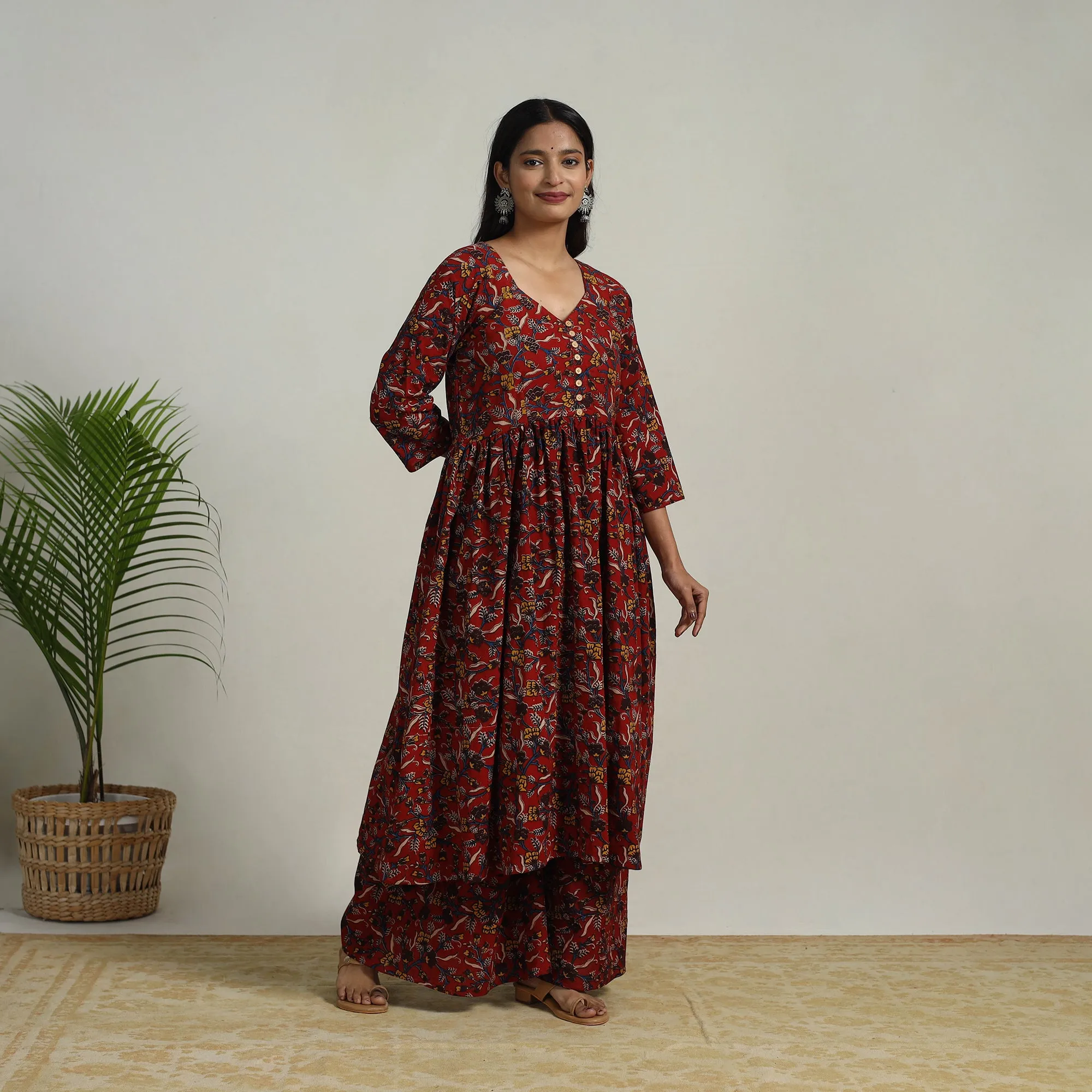 Red - Flared Cotton Block Print Kalamkari Kurta Set 05 sold by Itokri product image thumbnail 2