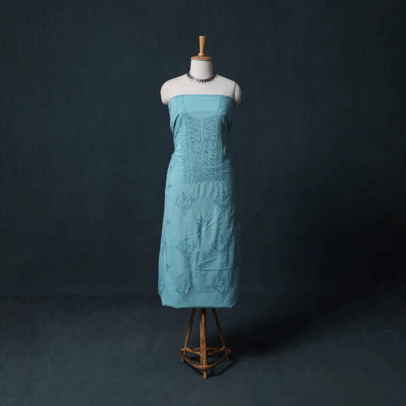 Blue - Hand Embroidered Mul Cotton Chikankari Unstitched Kurta Material (2.75M) 30 made by Itokri