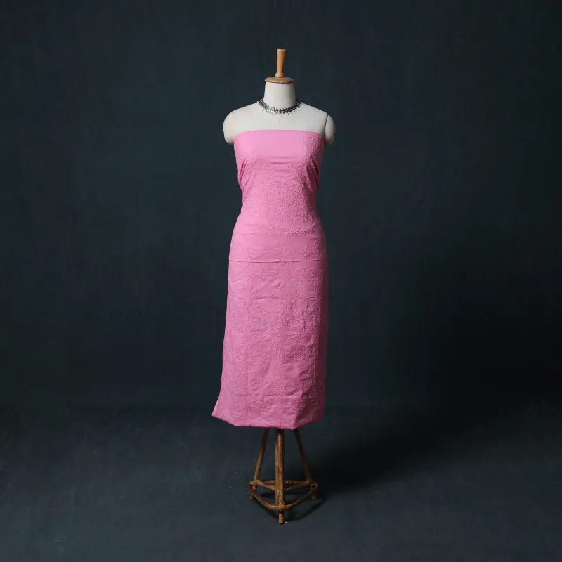 Pink - Hand Embroidered Mul Cotton Chikankari Unstitched Kurta Material (2M) 14 made by Itokri