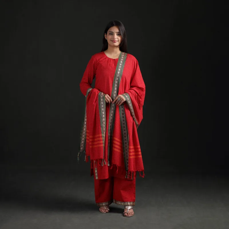 Red - Dharwad Cotton Suit Set with Dupatta for Women 06 made by Itokri