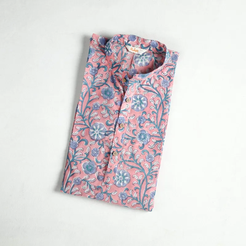 Pink - Sanganeri Hand Block Print Cotton Short Men Kurta 14 made by Itokri
