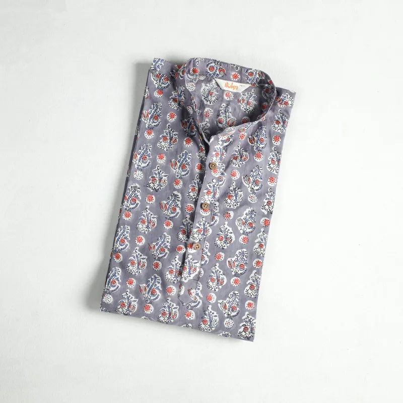 Grey - Sanganeri Hand Block Print Cotton Short Men Kurta 13 made by Itokri