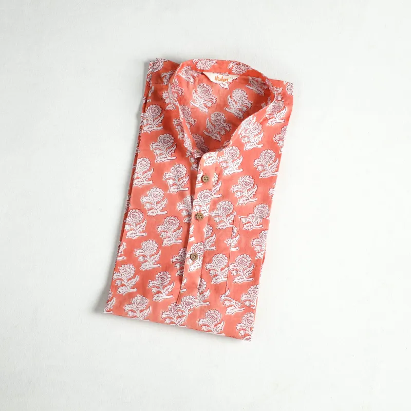 Orange - Sanganeri Hand Block Print Cotton Short Men Kurta 07 made by Itokri