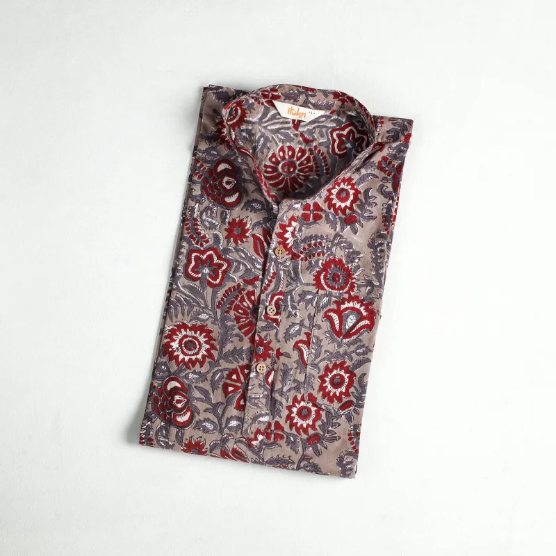 Brown - Sanganeri Hand Block Print Cotton Short Men Kurta 03 made by Itokri