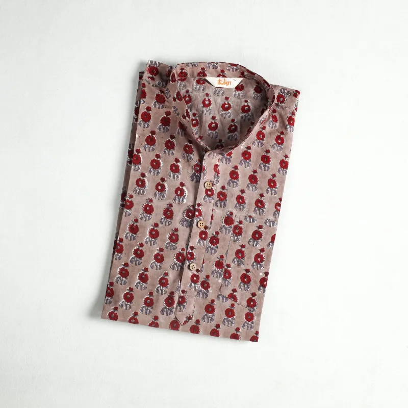 Brown - Sanganeri Hand Block Print Cotton Short Men Kurta 02 made by Itokri