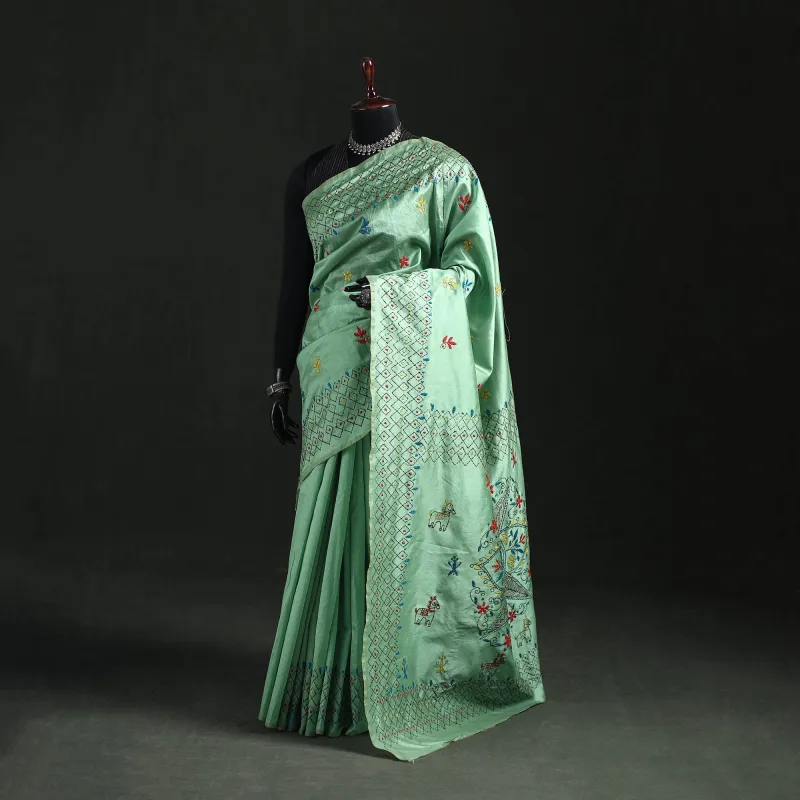 Green - Hand Embroidered Silk Saree 14 made by Itokri