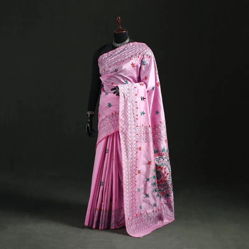 Pink - Hand Embroidered Silk Saree 13 made by Itokri