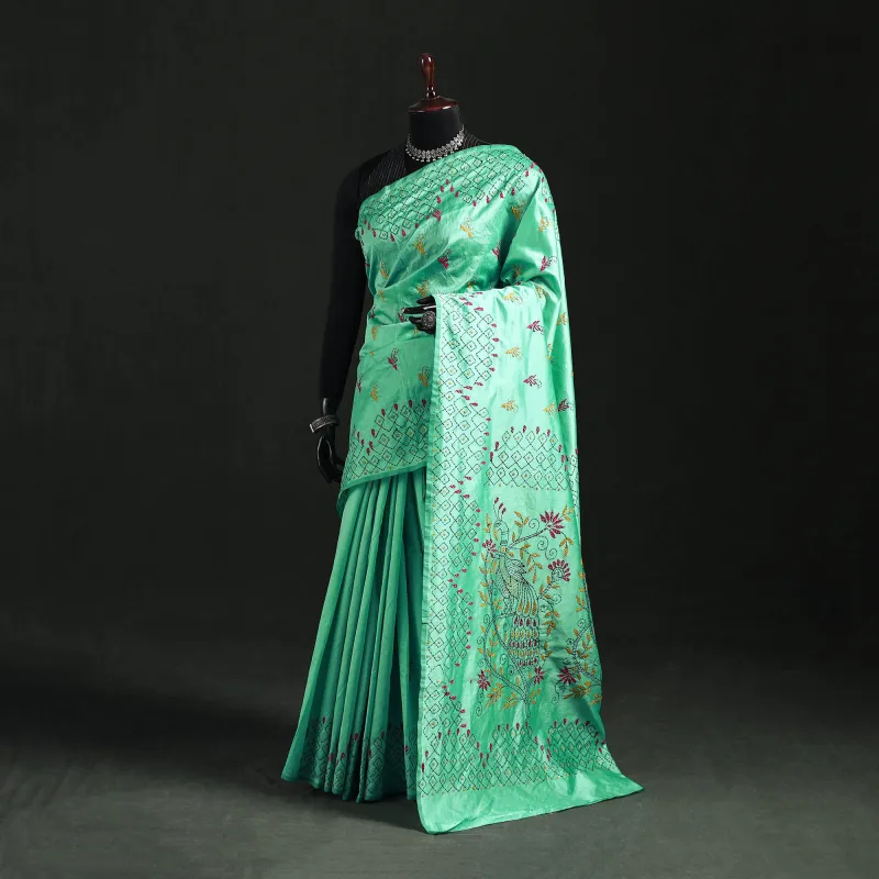 Green - Hand Embroidered Silk Saree 10 made by Itokri