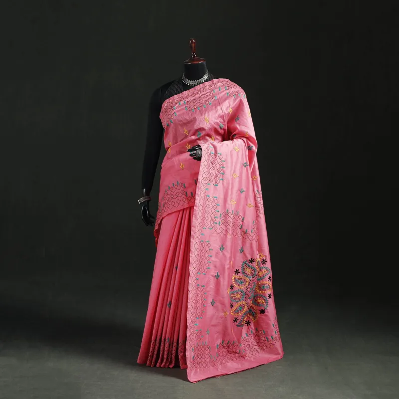 Pink - Hand Embroidered Silk Saree 08 made by Itokri