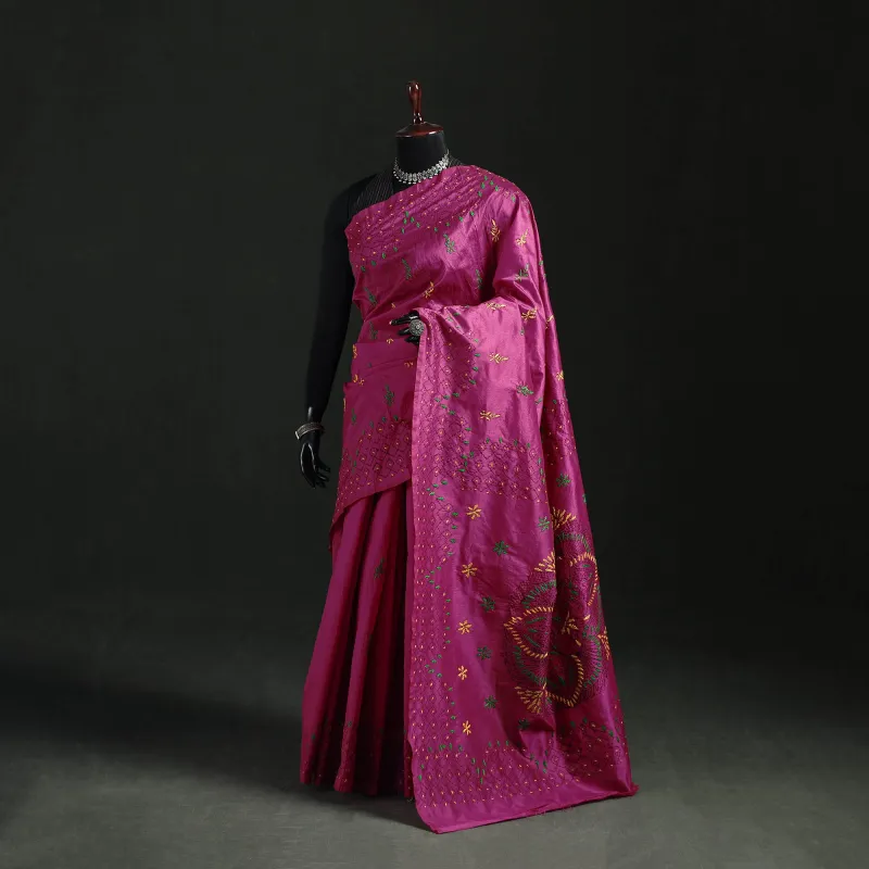 Pink - Hand Embroidered Silk Saree 04 made by Itokri