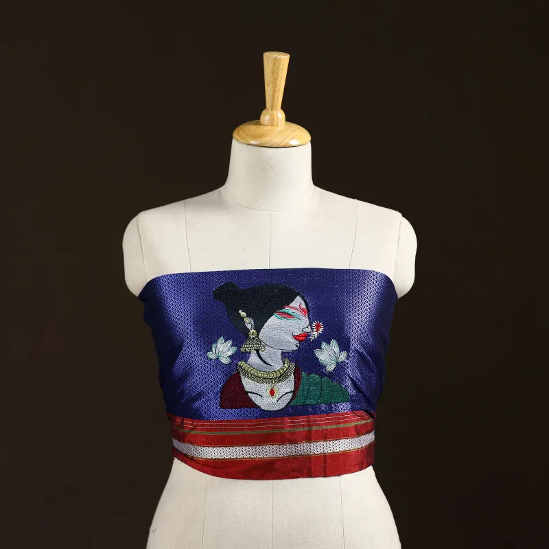 Blue - Women Embroidered Mercerised Cotton Khun Blouse Piece 15 made by Itokri