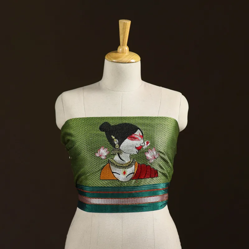 Green - Women Embroidered Mercerised Cotton Khun Blouse Piece 13 made by Itokri