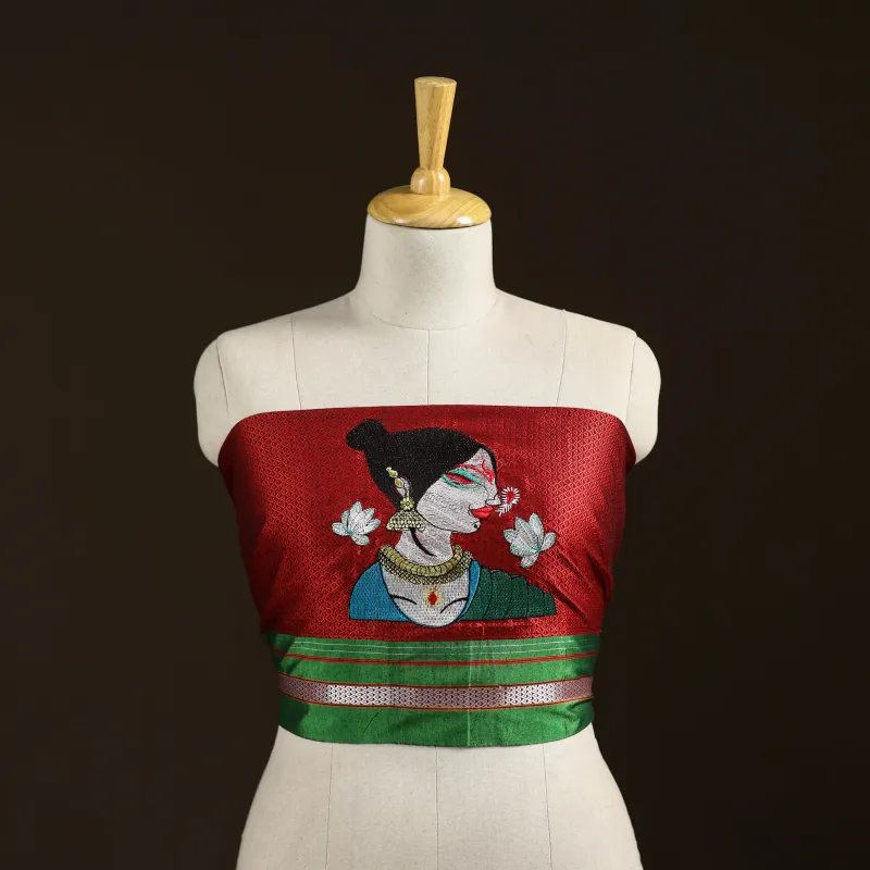 Red - Women Embroidered Mercerised Cotton Khun Blouse Piece 06 made by Itokri