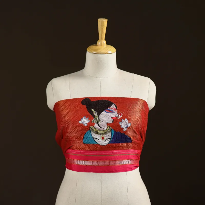 Red - Women Embroidered Mercerised Cotton Khun Blouse Piece 05 made by Itokri