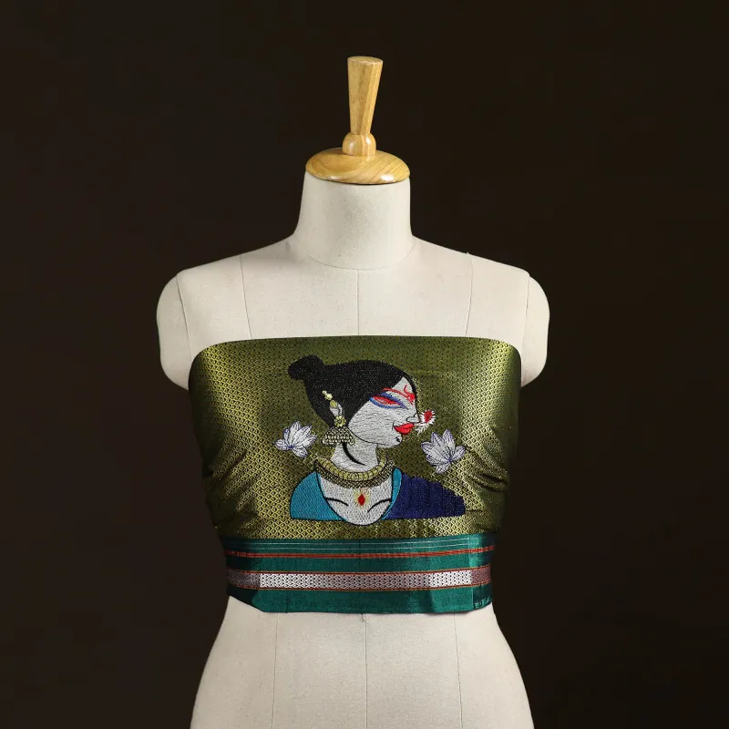 Green - Women Embroidered Mercerised Cotton Khun Blouse Piece 02 made by Itokri