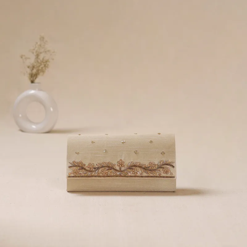 Beige - Zardozi Hand Embroidered Clutch 12 made by Itokri