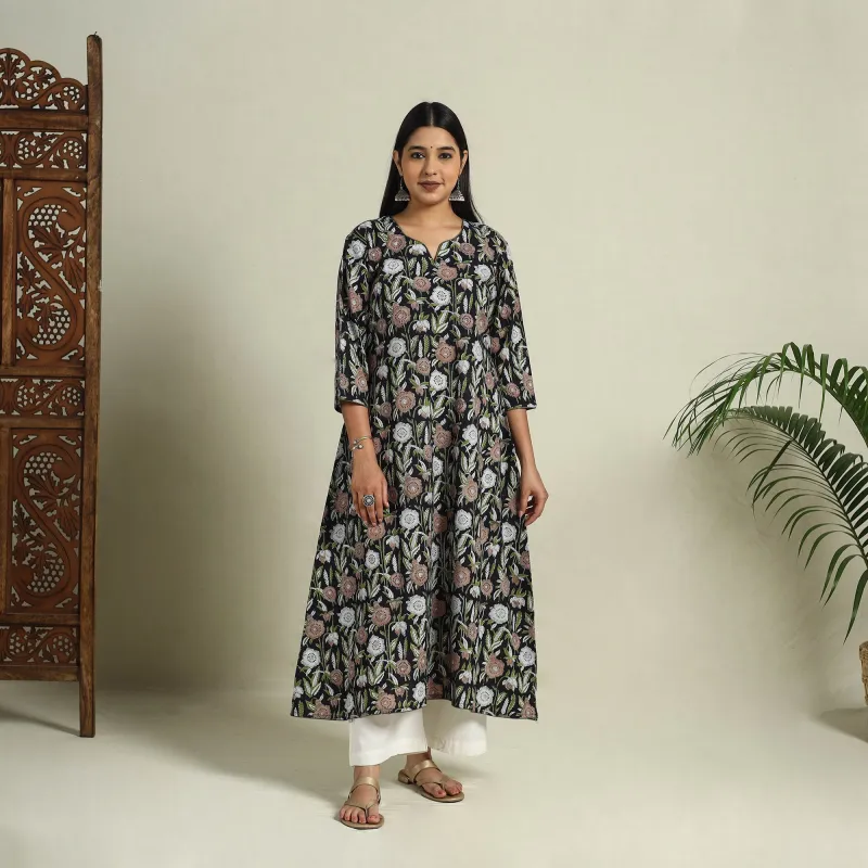Black - Block Print Cotton A-Line Sanganeri Long Kurta 06 made by Itokri