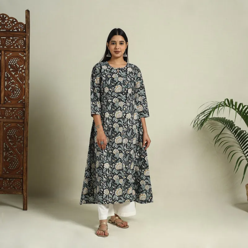 Black - Block Print Cotton A-Line Sanganeri Long Kurta 02 made by Itokri