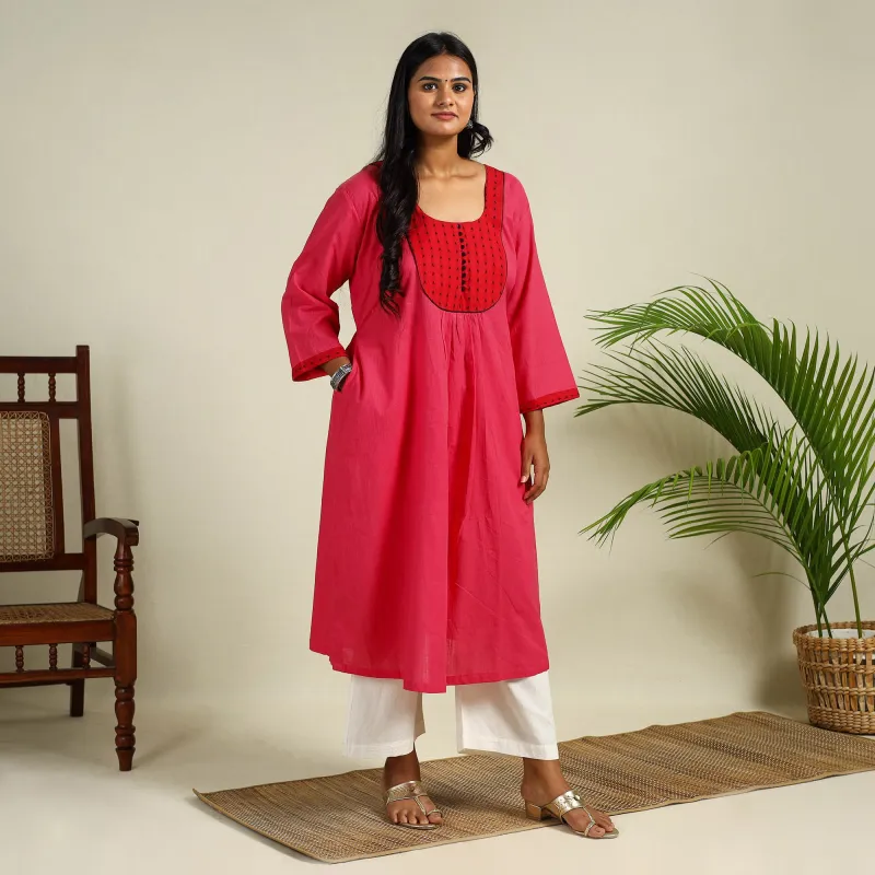 Pink - Jacquard Patchwork Cotton Flared Plain Long Kurta 10 made by Itokri