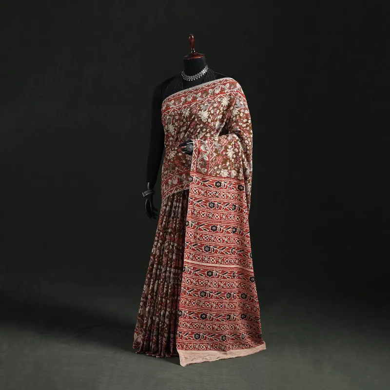 Brown - Kalamkari Printed Cotton Saree 93 made by Itokri