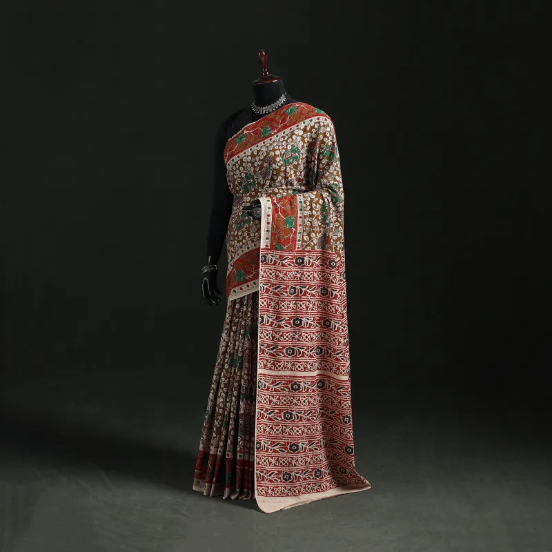 Brown - Kalamkari Printed Cotton Saree 03 made by Itokri
