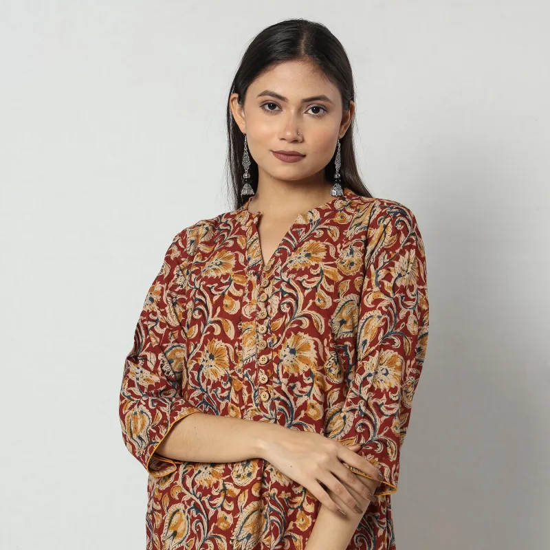 Red - Kalamkari Block Printed Cotton Long Straight Kurta made by Itokri
