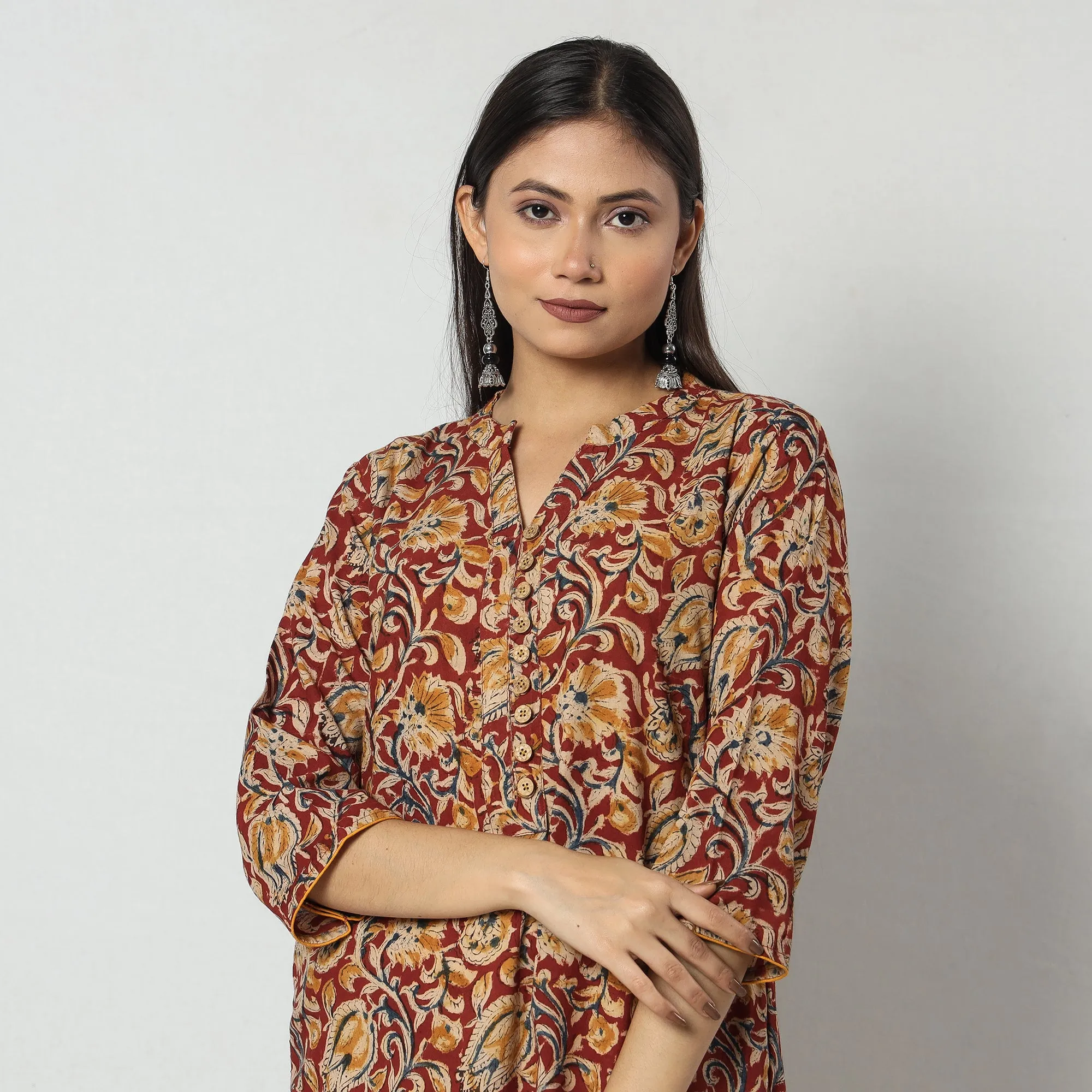 Red - Kalamkari Block Printed Cotton Long Straight Kurta sold by Itokri